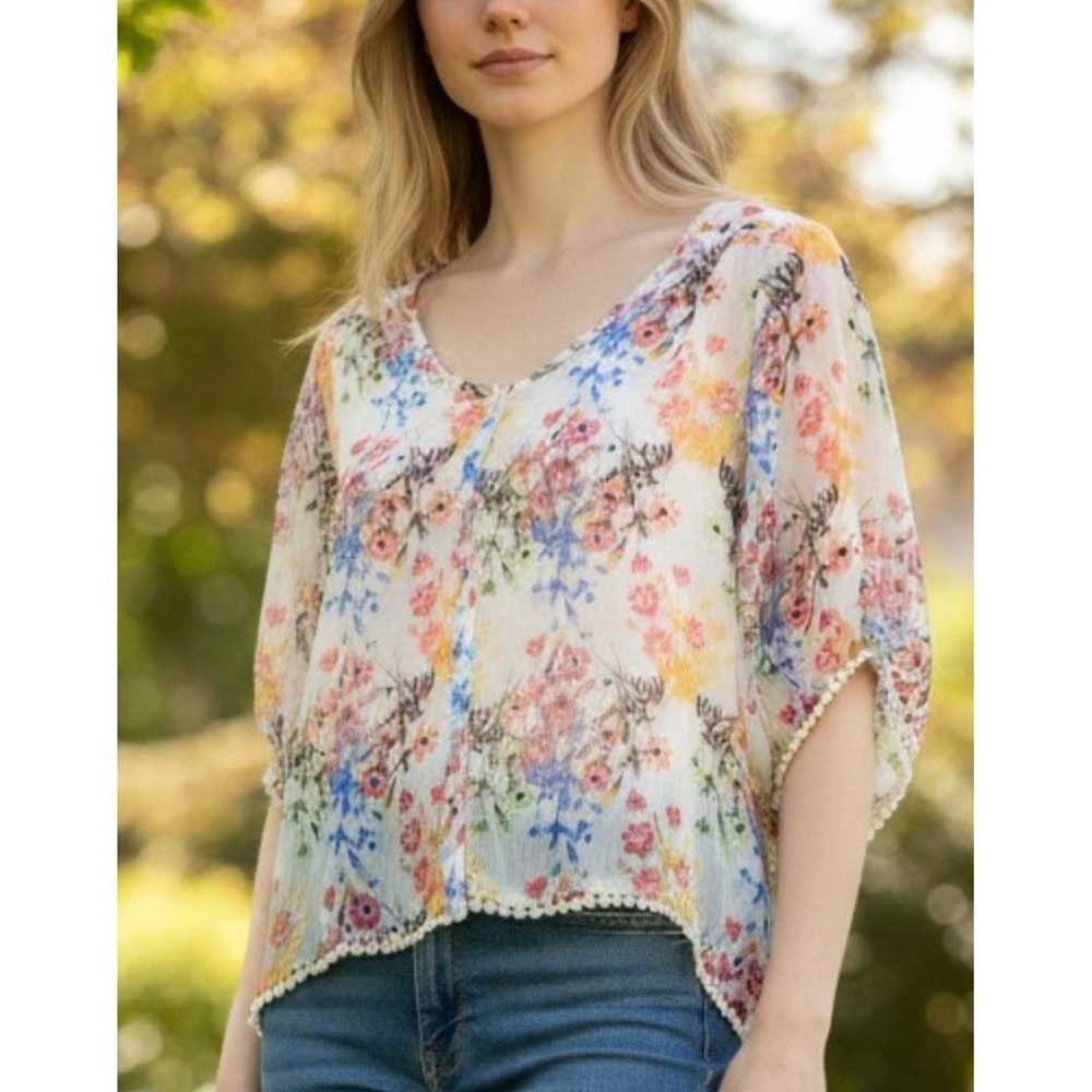 Sheer Button Front All Over Floral - Crochet Trim Top Size L Fairy Ethereal Boho